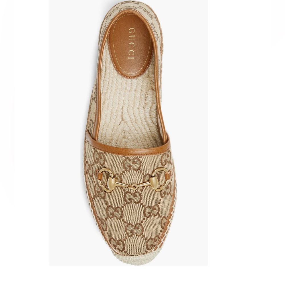Gucci Pilar Horsebit GG Logo Print Espadrilles Flats Camel Ebony EU39.5 US 9.5 - Picture 13 of 13